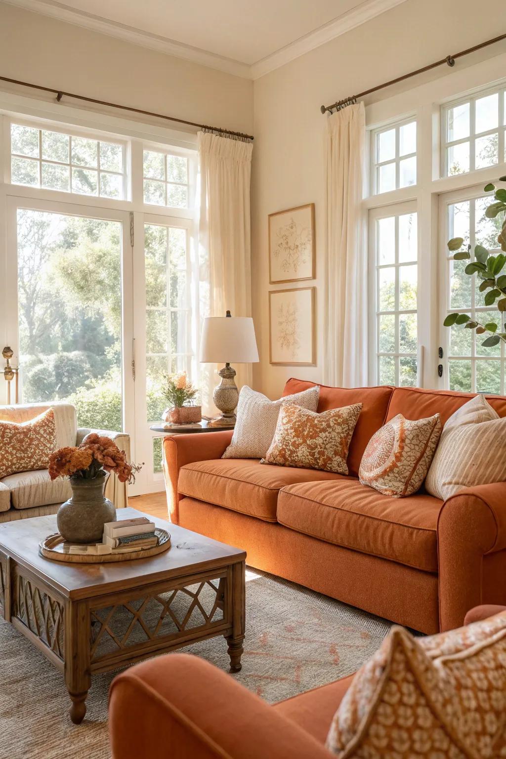 A harmonious lounge with a blend of orange and neutral d&eacute;cor.
