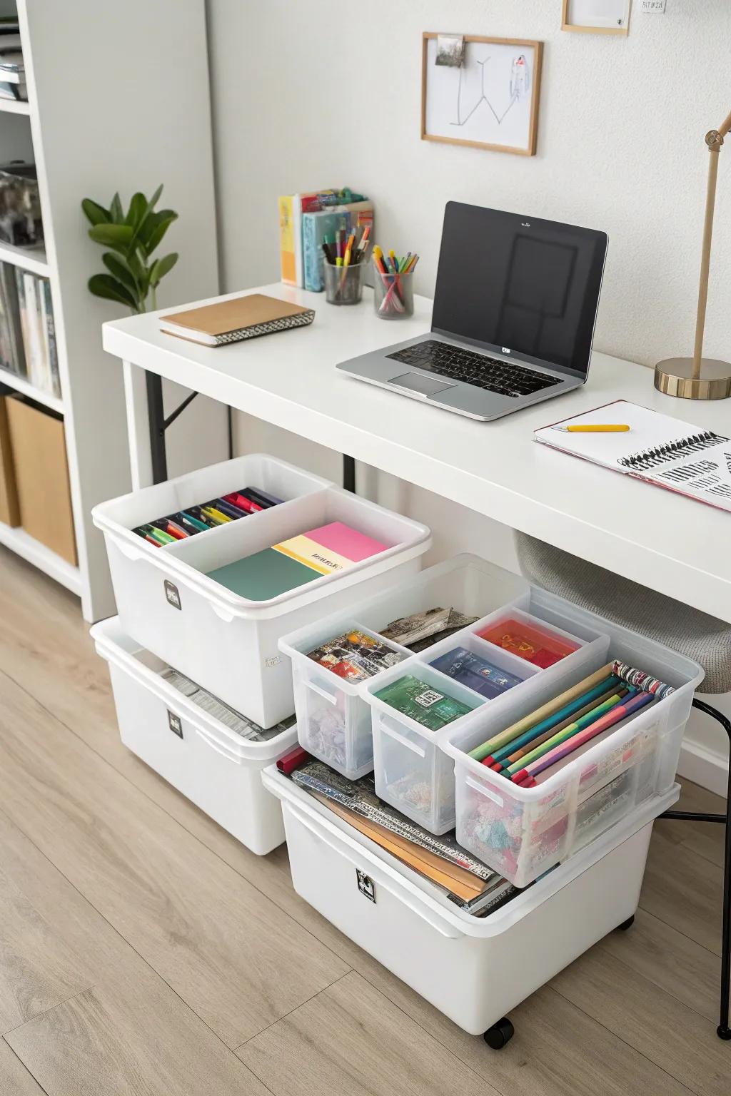Utilize beneath-desk area for discreet storage.