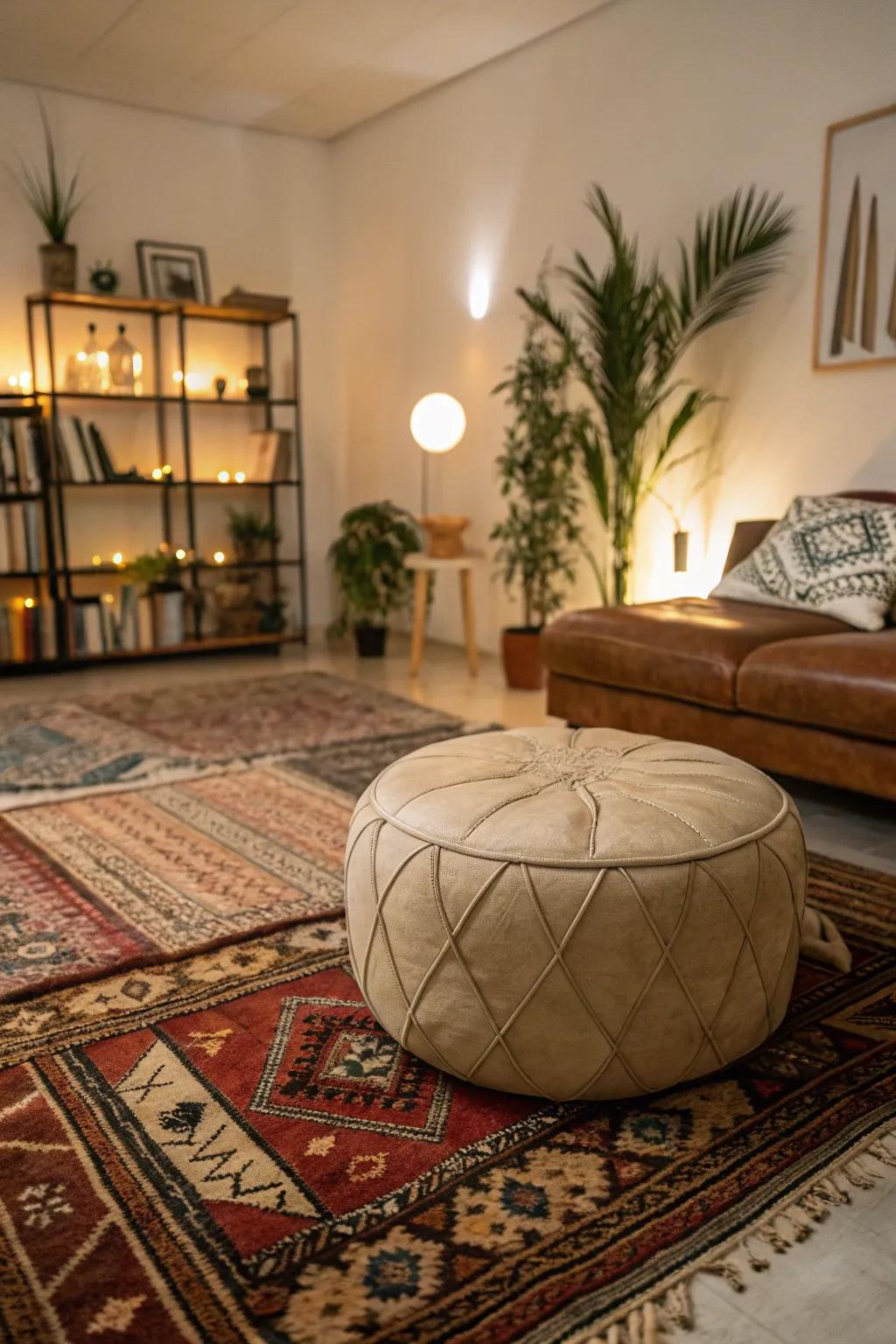 Layered rugs beneath an ottoman for added warmth.