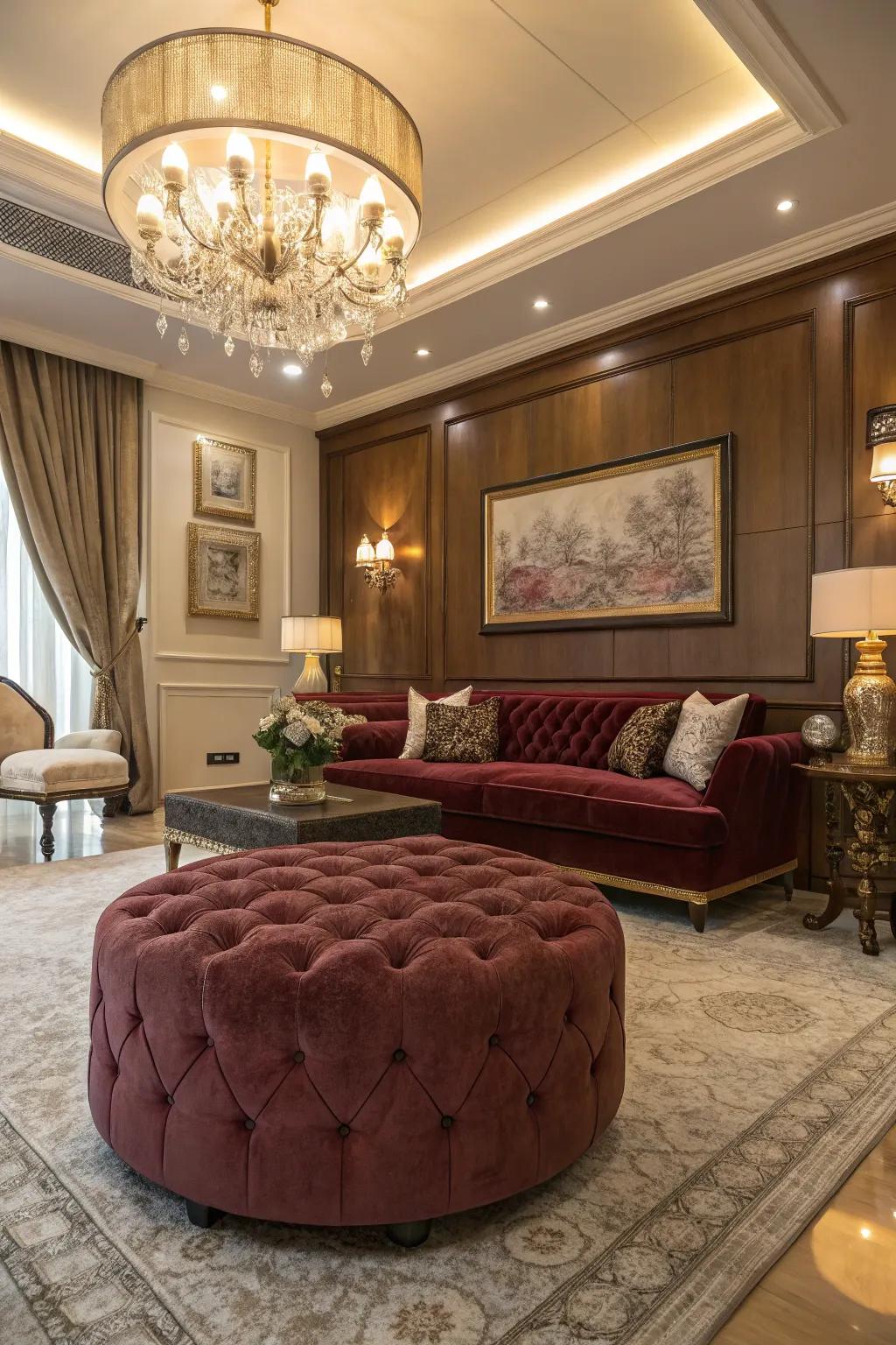 A velvet ottoman enriches a glam-inspired room with a lavish touch.