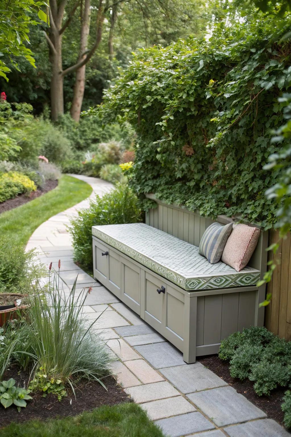 A bench featuring hidden storage for a tidy garden.