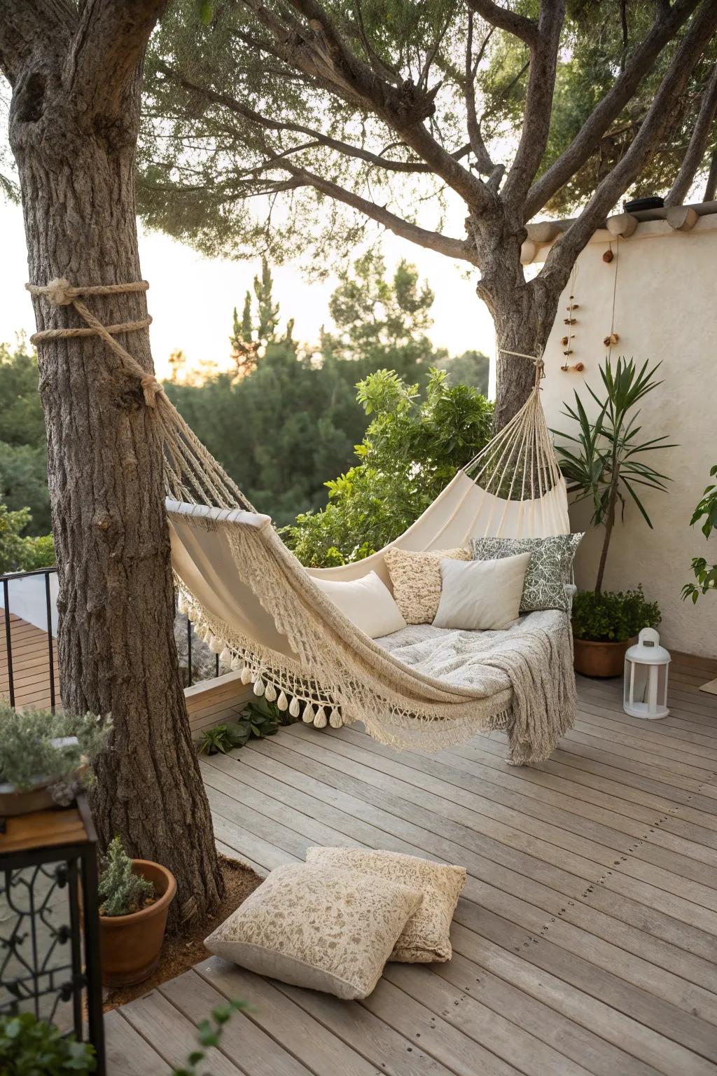Swing beds offer a serene spot for relaxation.