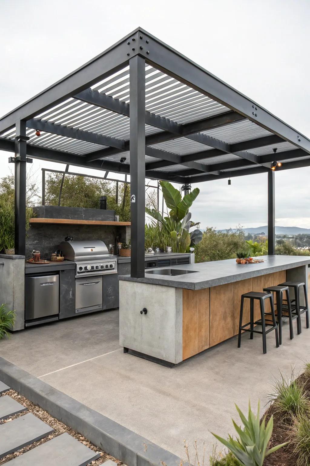 Get an urban feel with an industrial edge outdoor kitchen gazebo.
