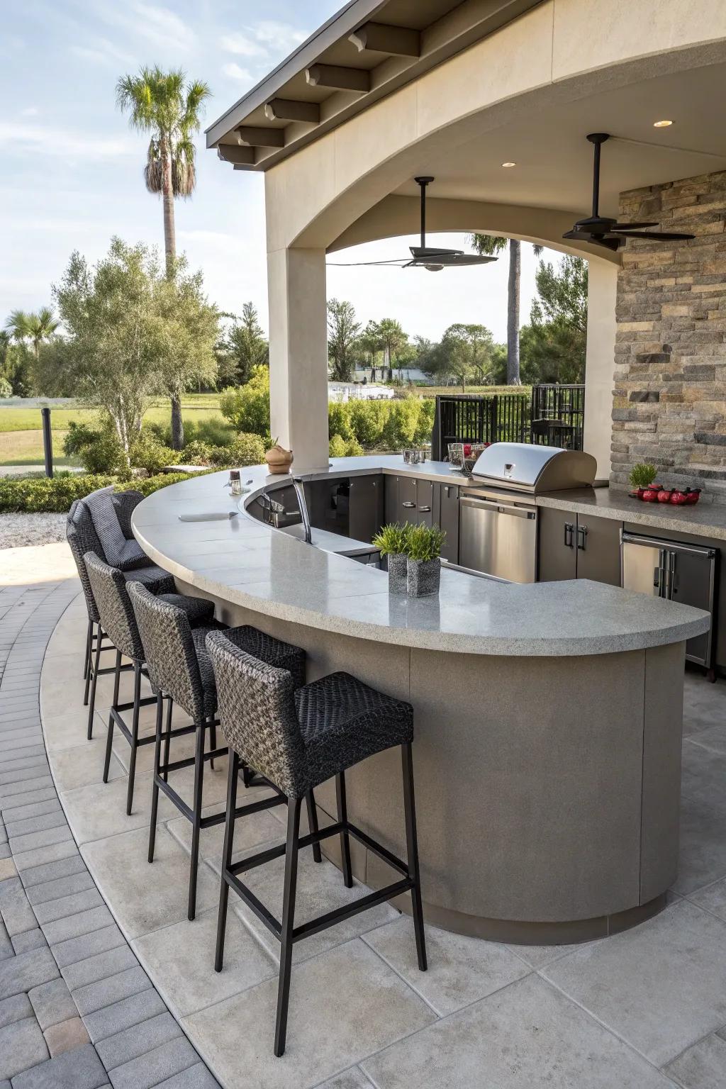A modern outdoor kitchen bar with a distinctive curved island.