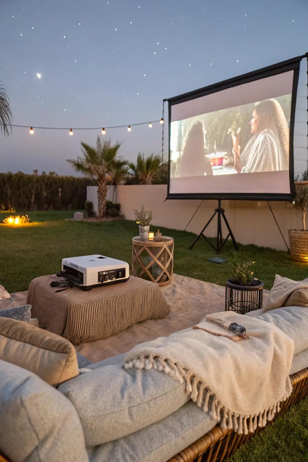 Relish a cinematic evening beneath the stars in your outdoor retreat.