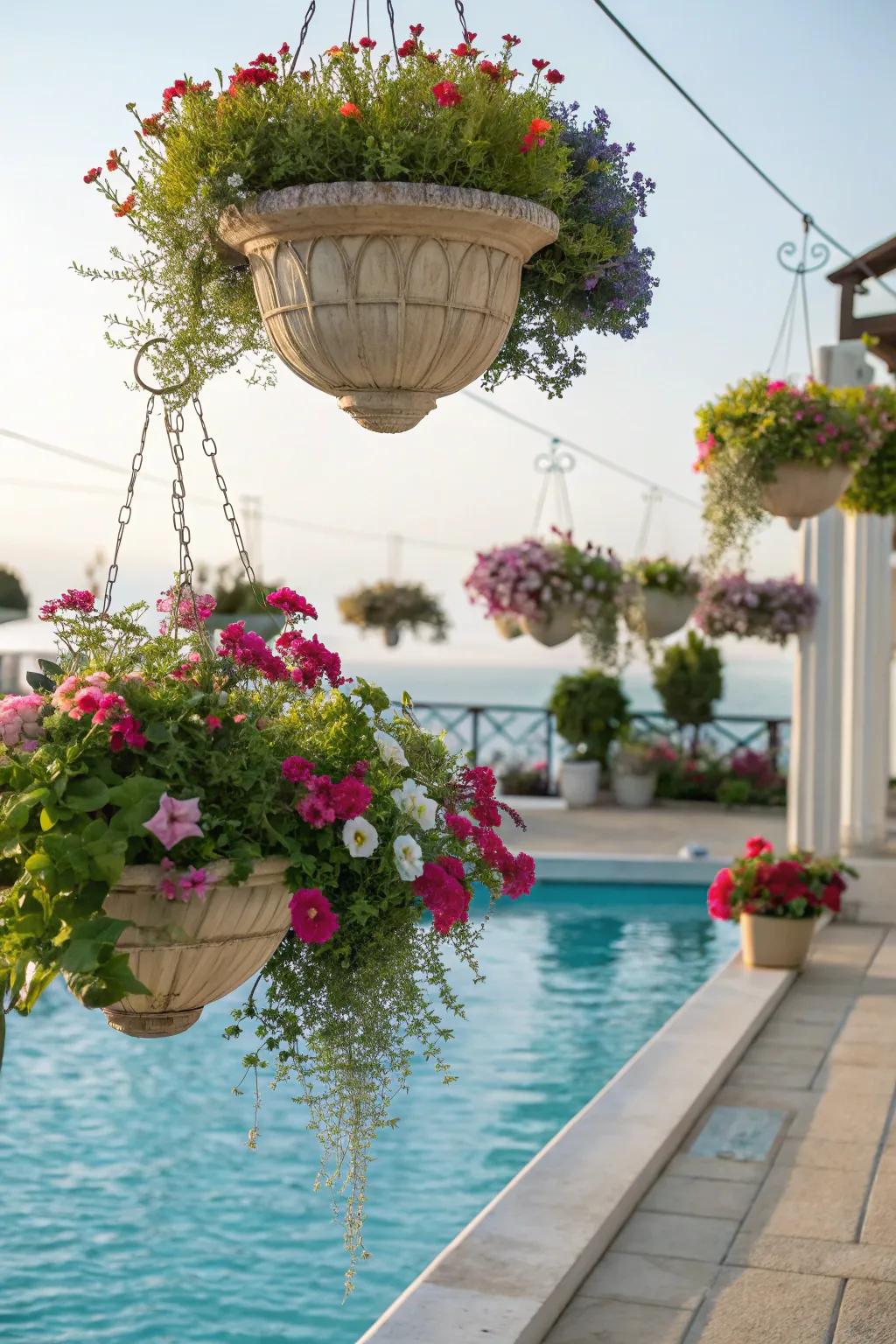 Hanging flowerpots add vertical interest and vibrant color.