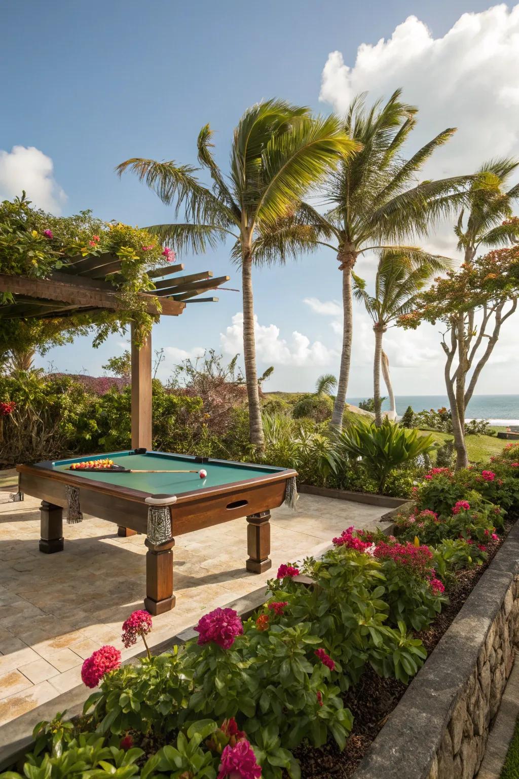 A tropical-themed snooker table area with lush, vibrant greenery.