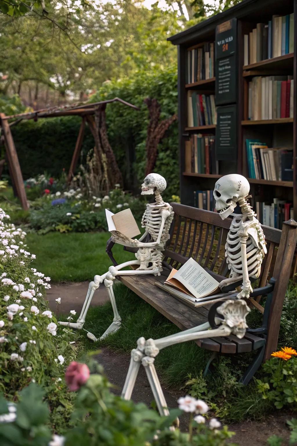 <strong><em>Skeletons</em></strong> enjoying a quiet moment in their outdoor library.&rdquo; loading=&rdquo;lazy&rdquo; class=&rdquo;pimg&rdquo;>
	</picture><figcaption><strong><em>Skeletons</em></strong> enjoying a quiet moment in their outdoor library.</figcaption></figure>
<p>Craft a scholarly tableau with <strong><em>skeletons</em></strong> immersed in books within an outdoor library arrangement. Include <strong><em>bookshelves</em></strong> and a <strong><em>cozy reading nook</em></strong> for a literary flourish.</p>
<h3>These products might be useful:</h3>
<ul class=
