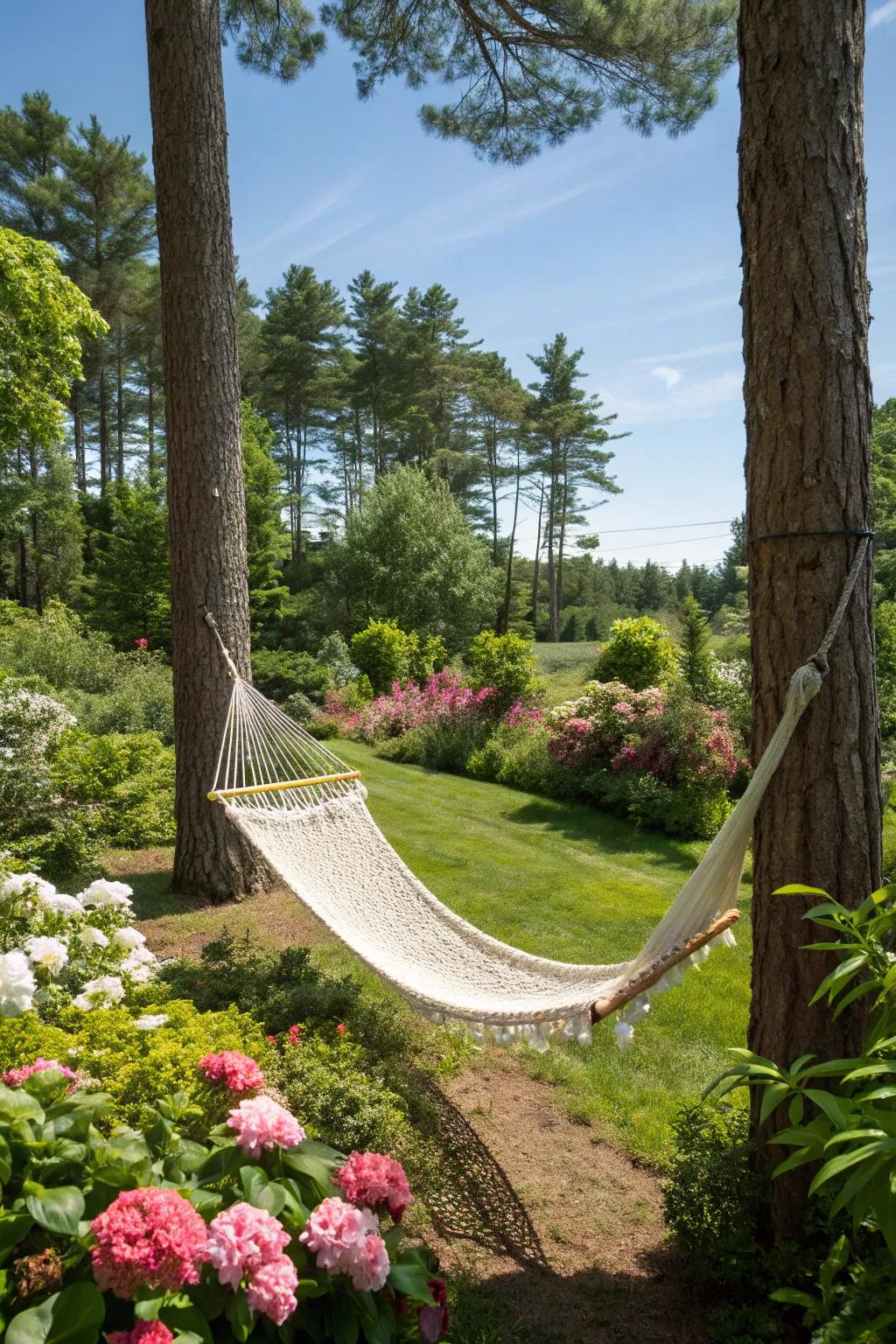 A hammock avails the quintessential locale for unwinding in the open air.