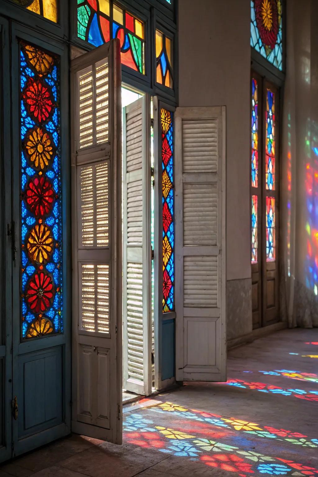 Blinds with stained glass inserts.