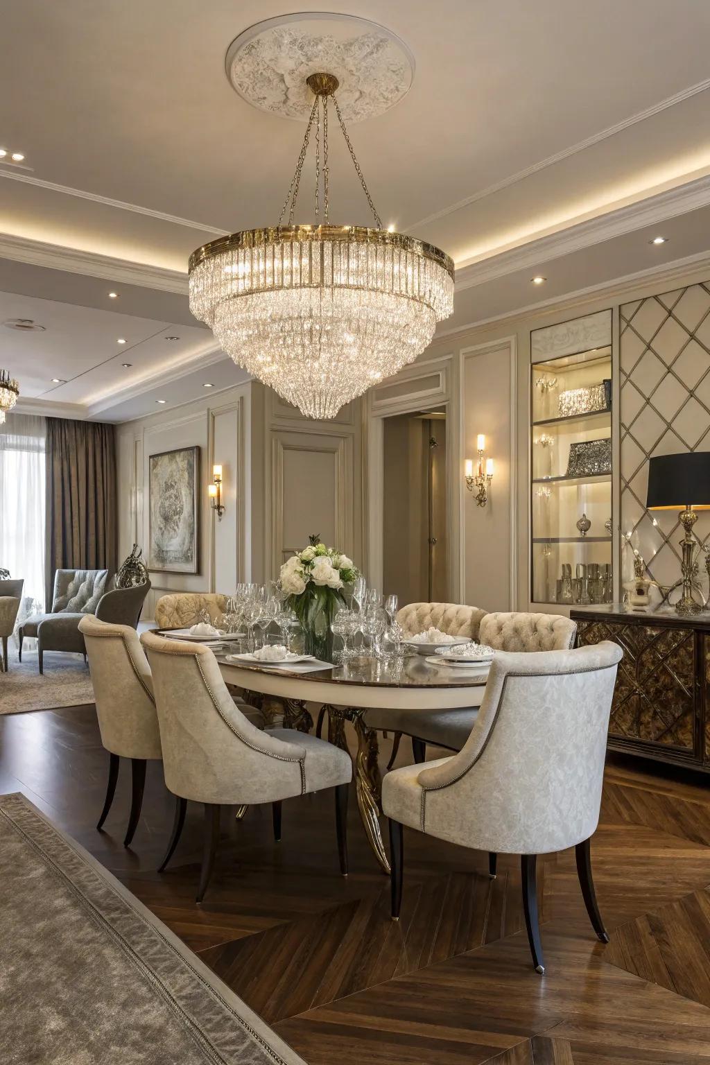 Crystalline fittings usher extravagance and radiance into the dining space.