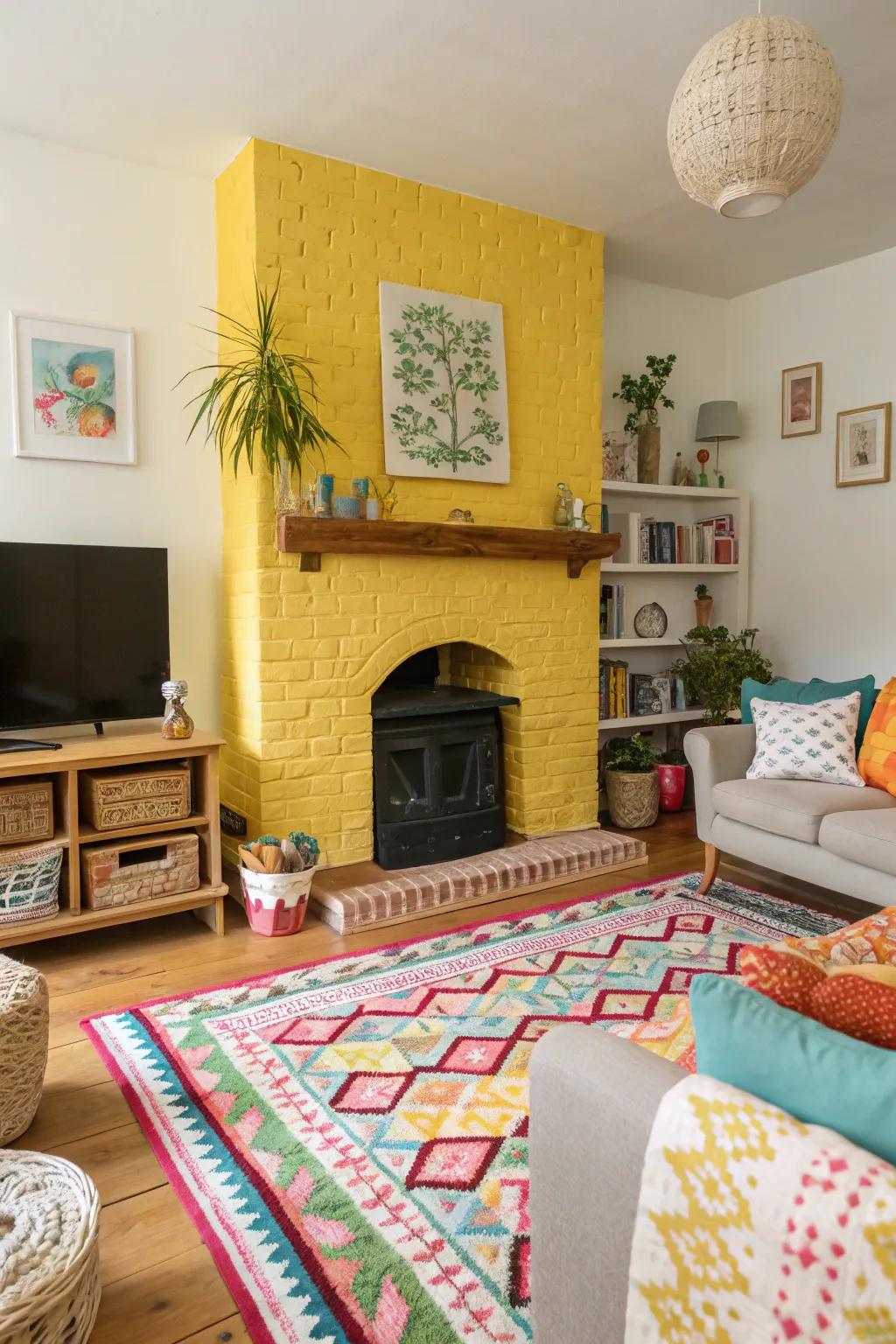 A yellow-painted fireplace brings warmth and cheer.