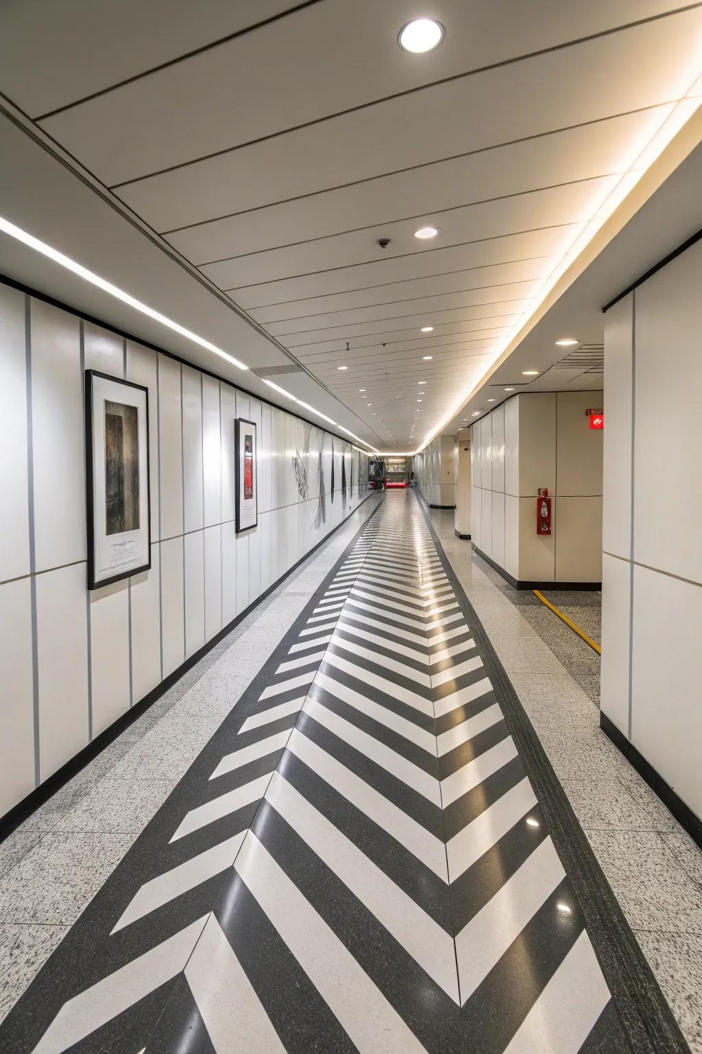 A corridor enhanced by dynamic slanted painted floors, visually broadening the space.