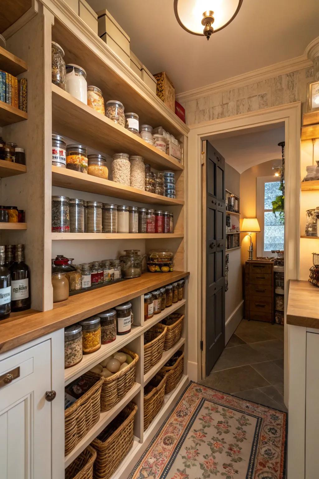 Wrap-around shelving offers continuous, efficient storage.