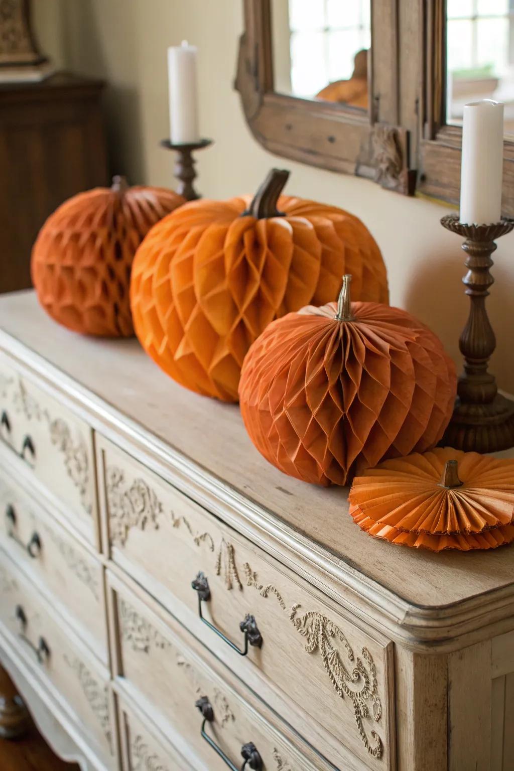 Textured thin paper pumpkins providing a delicate and welcoming feel.