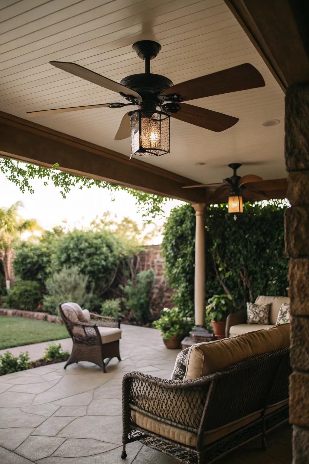 A cozy patio featuring a compact ceiling fan for intimate gatherings.