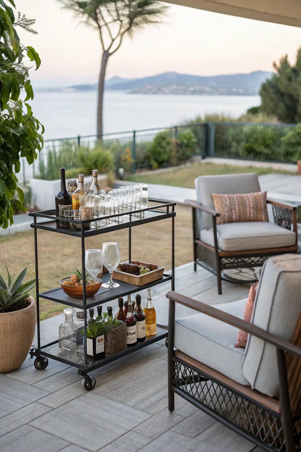 A bar cart injects style and functionality into outdoor entertaining.