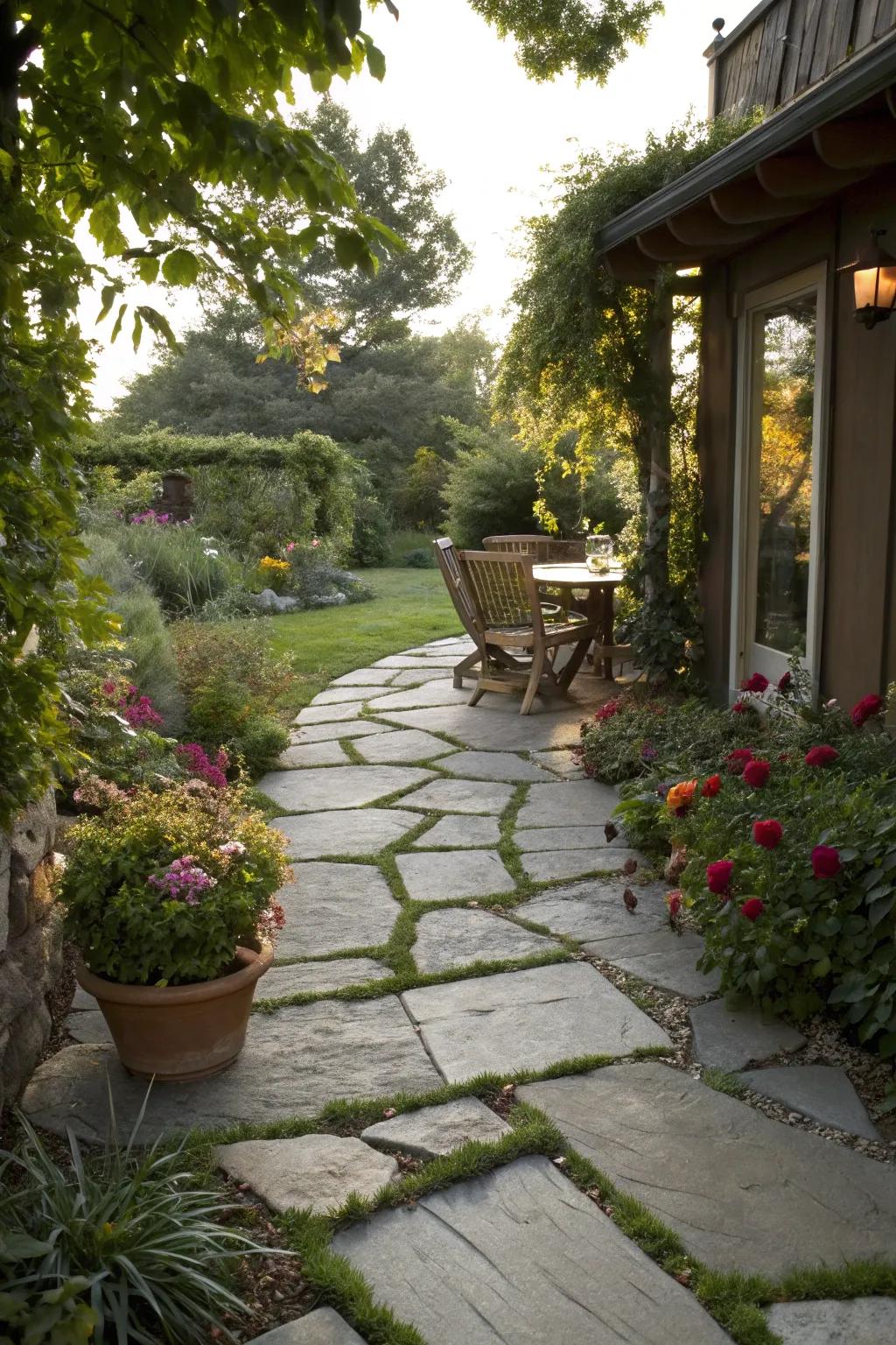 A stone walkway making a lovely entrance to a patio.