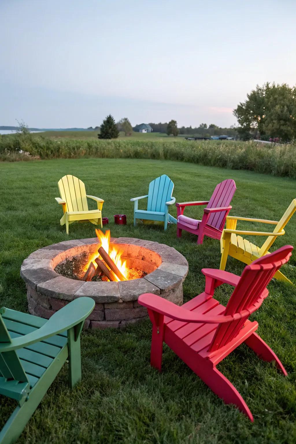 Adirondack chairs toss in lively color and comfort to your firepit space.