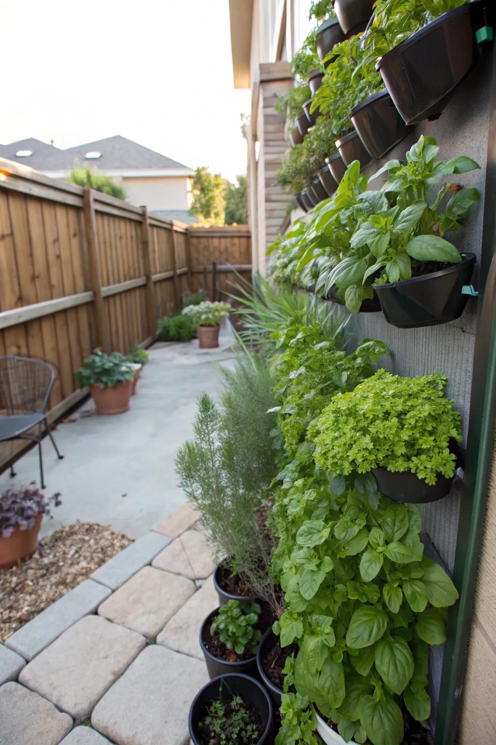 A vertical spice garden is a space-conserving solution that adds greenery and flavor.