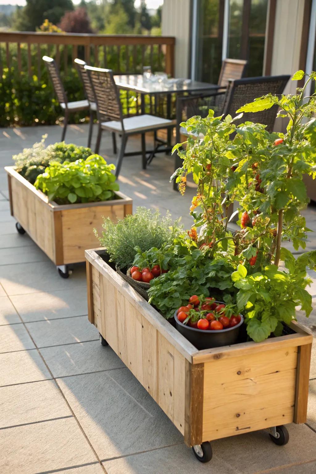 Portable planter boxes allow for ideal sunlight exposure and simple rearrangement.