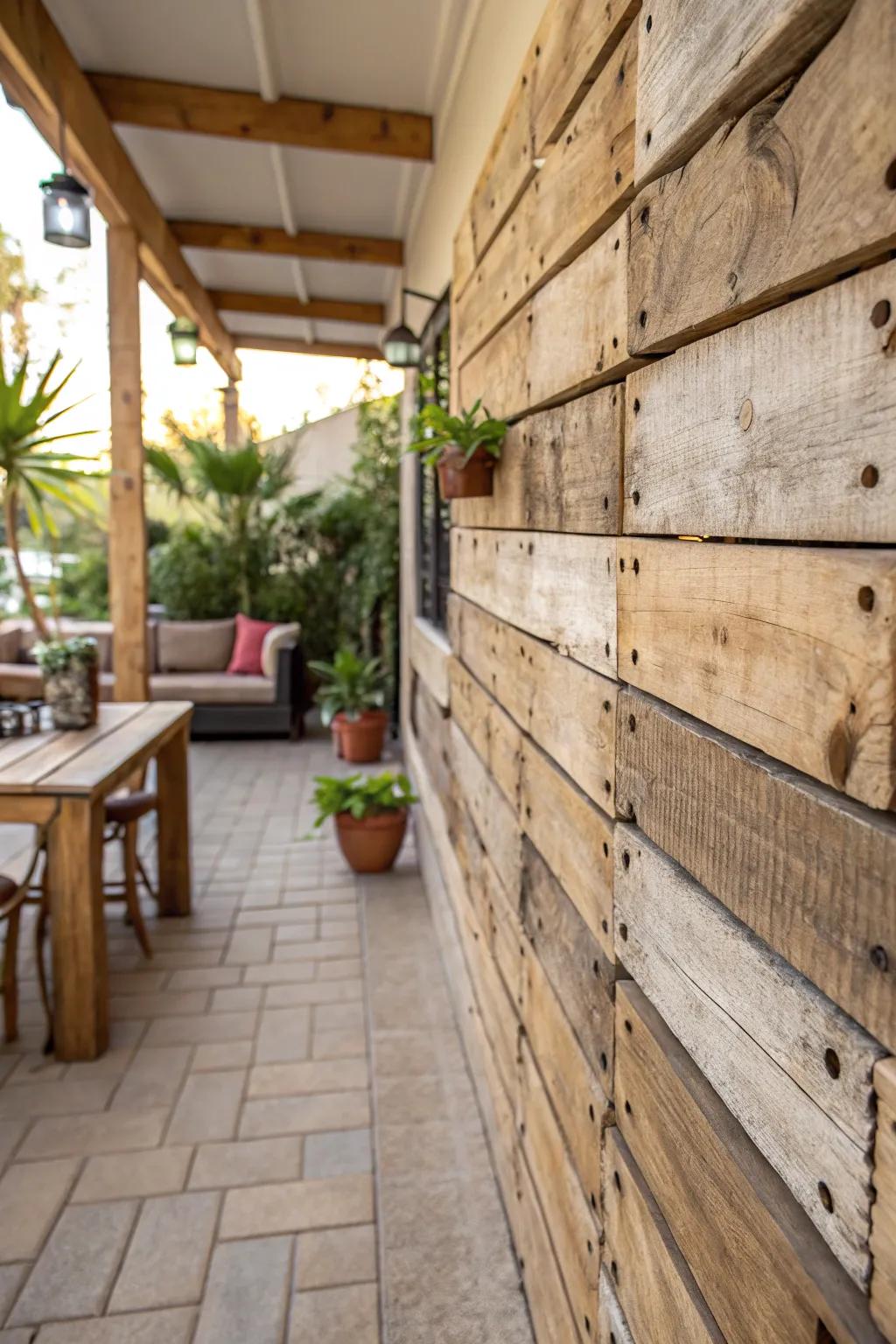 A down-to-earth patio backdrop crafted from reused wood decking.