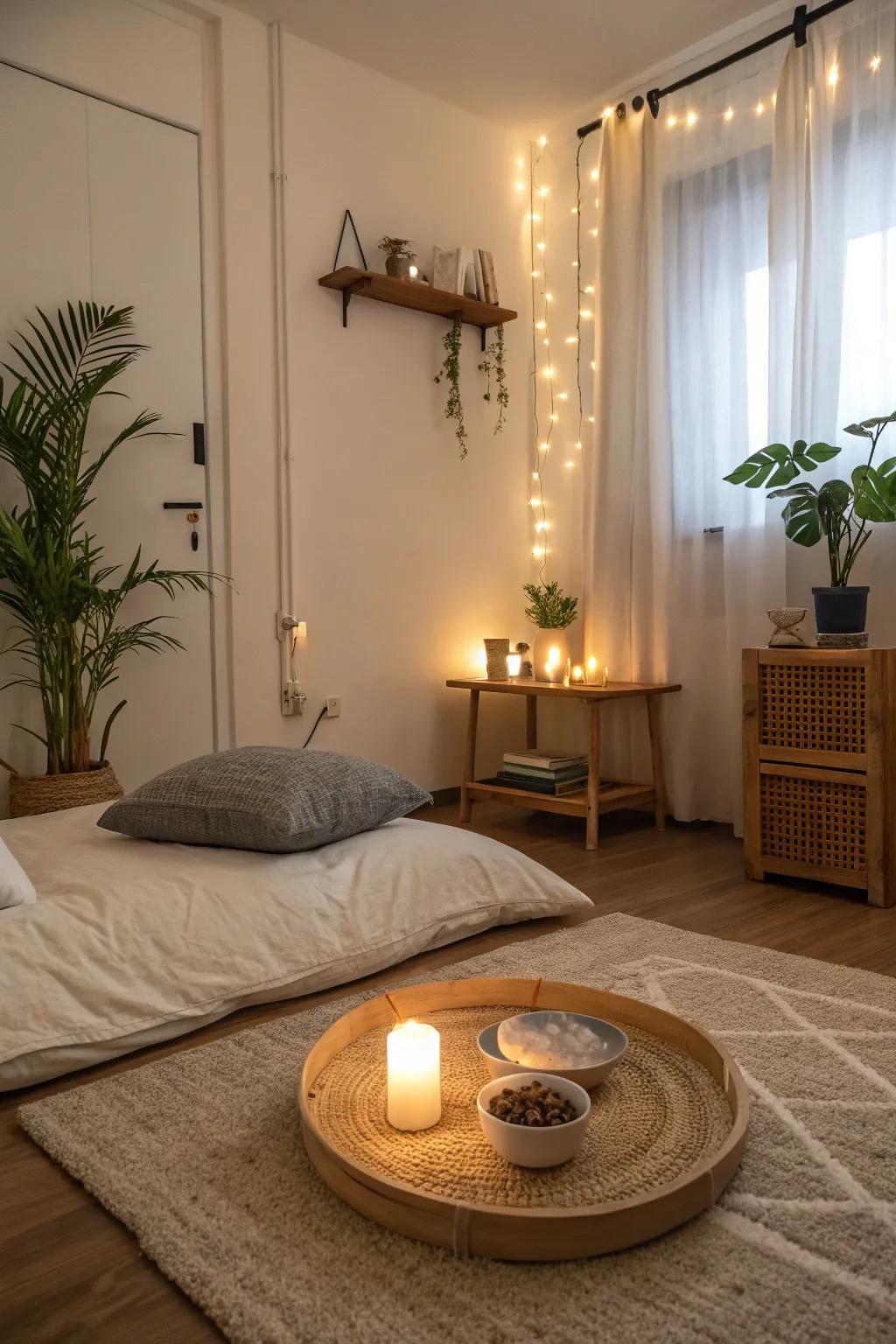 A bedroom featuring a serene meditation space for relaxation and mindfulness.