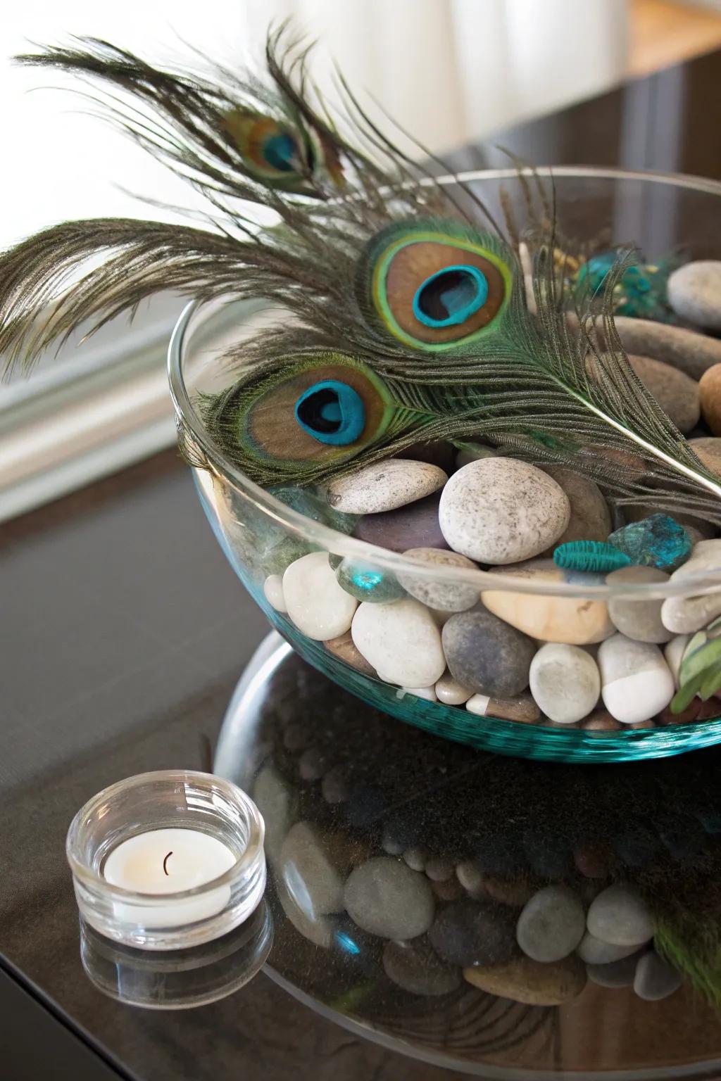 A textured centerpiece exhibiting tiers of stones and plumes.
