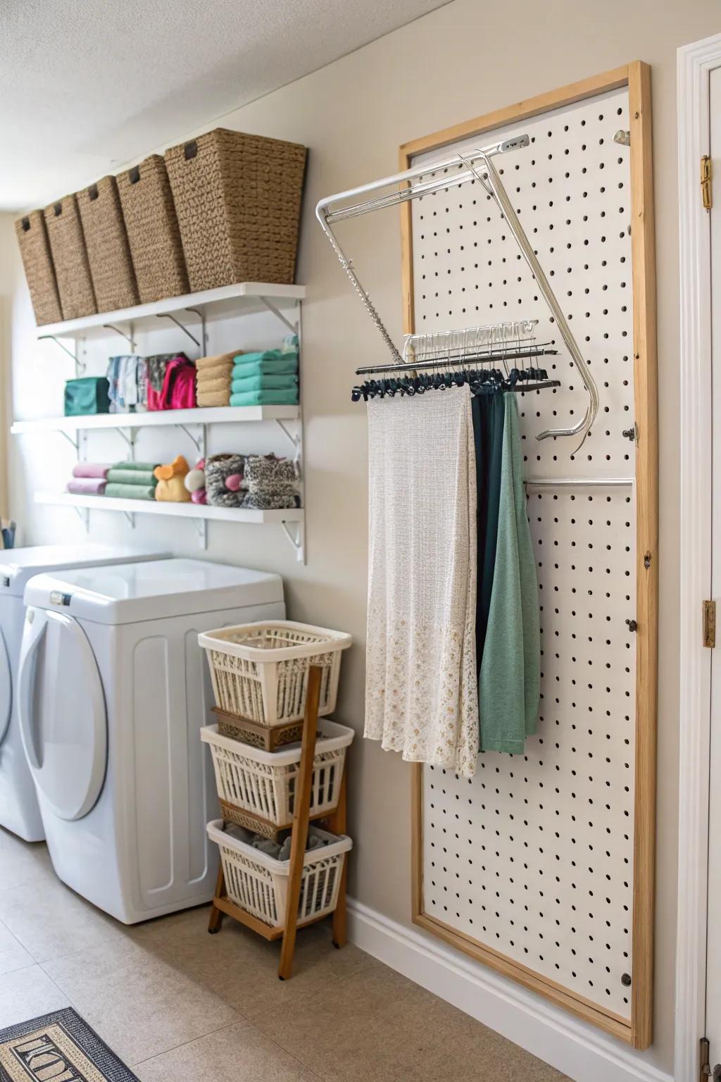 Save space with a slat wall drying rack.