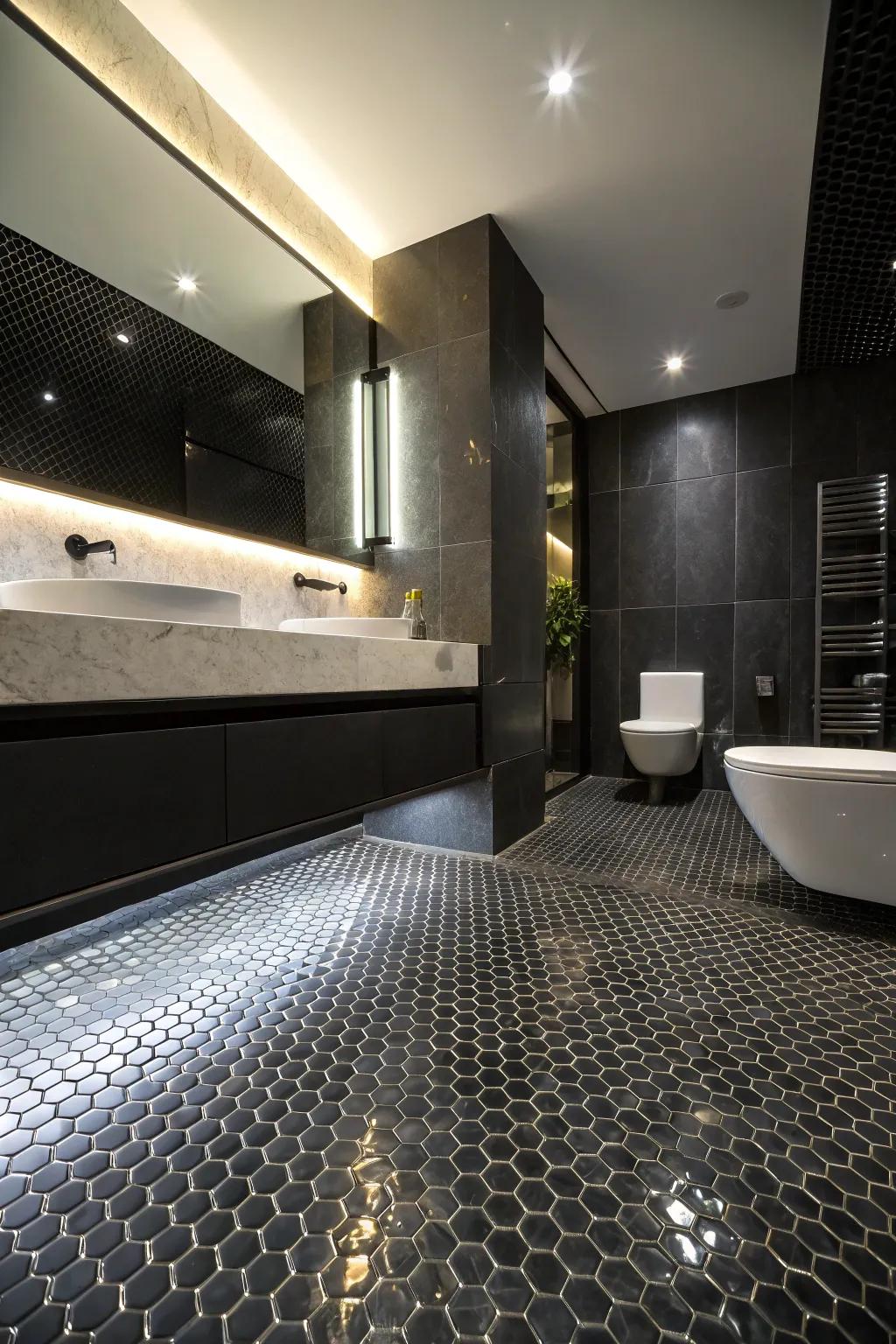 Stylish and elegant bathroom featuring black penny tiles.