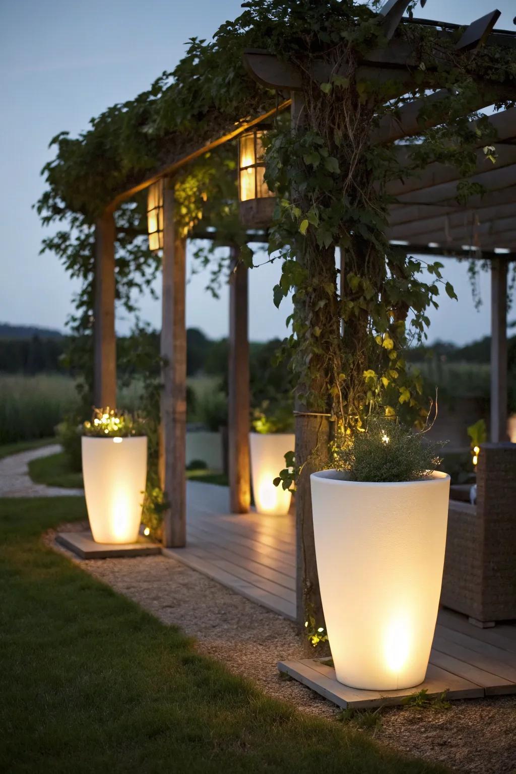 Glowing pots add depth and visual interest.