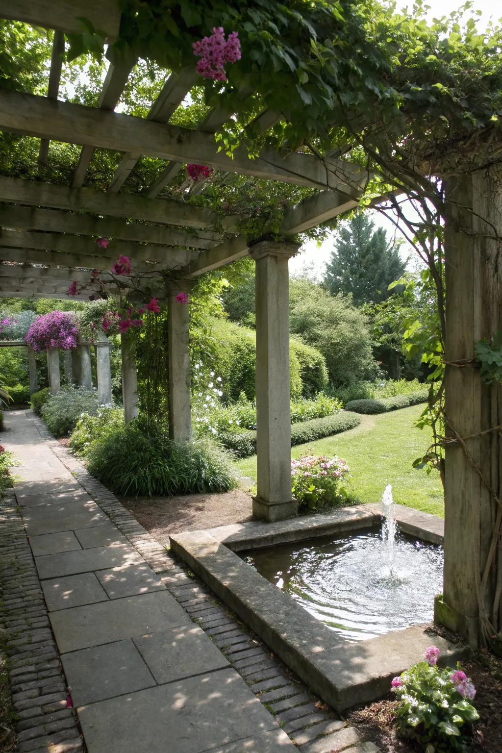 Water displays add tranquility to shaded pergola spaces.