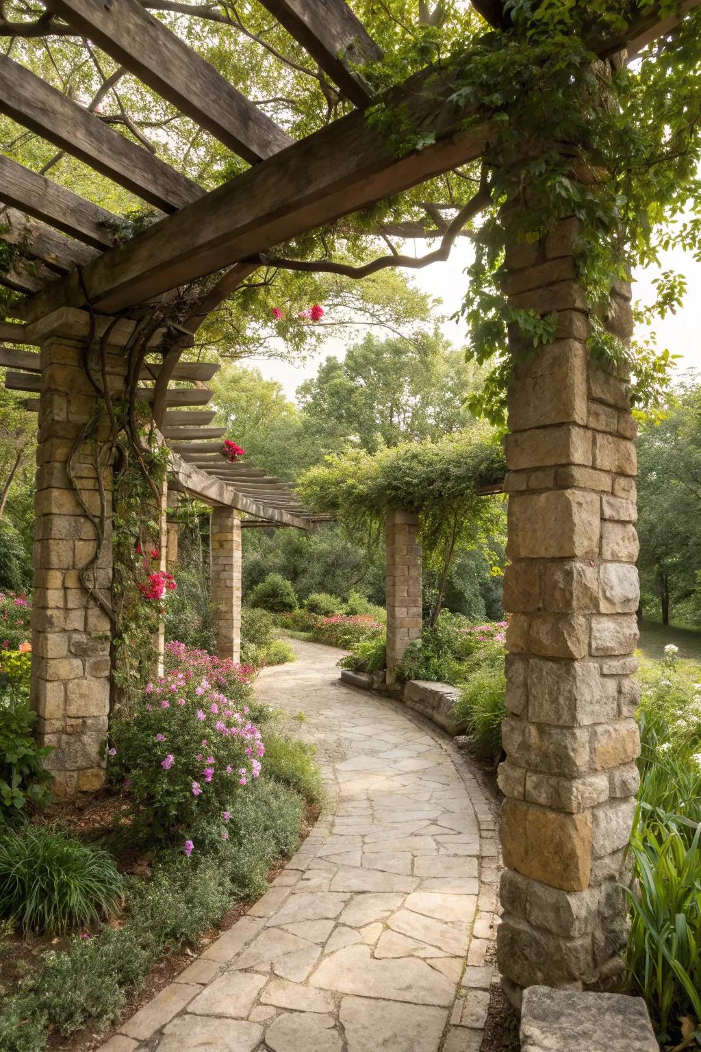 Stone accents give the pergola more elegance and help it blend in with its surroundings.