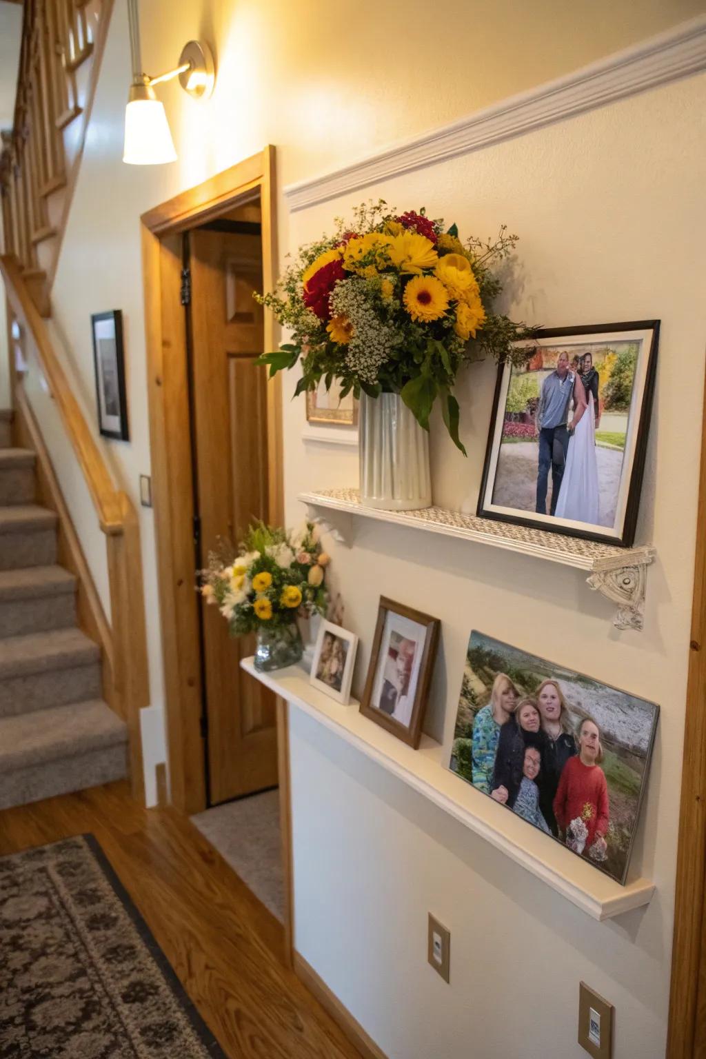 An entryway display ledge sets up a welcoming ambiance.