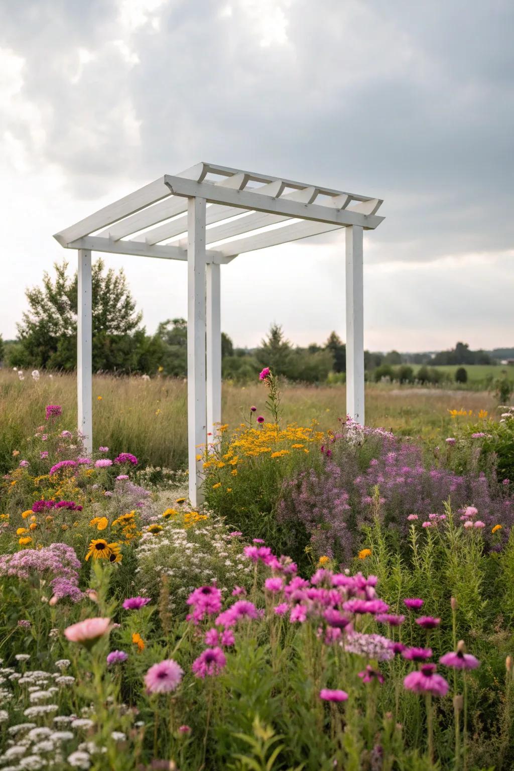 A minimalist arbor highlights the beauty of its natural surroundings, creating a focal point without overwhelming the space.