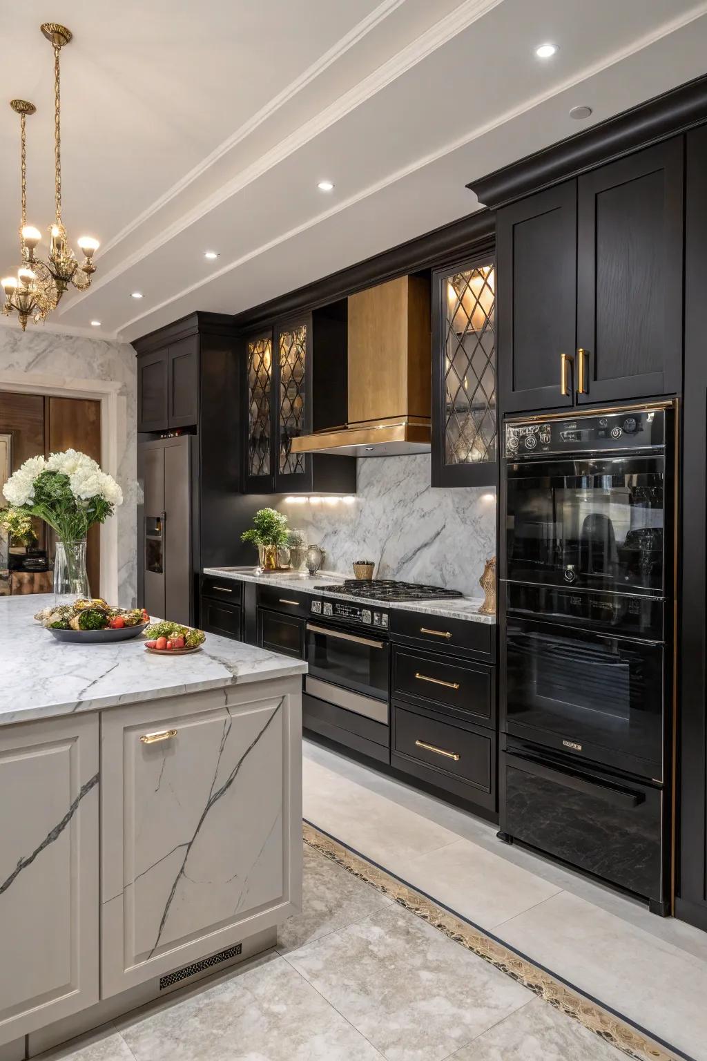 Marble and charcoal appliances bring luxury to the kitchen.
