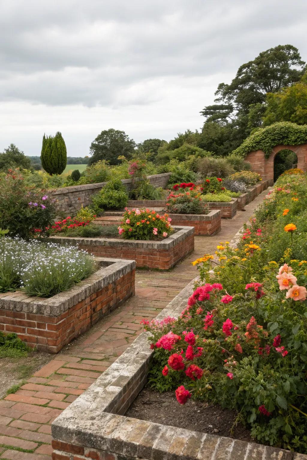 Enjoy timeless elegance with classic brick raised flower beds.