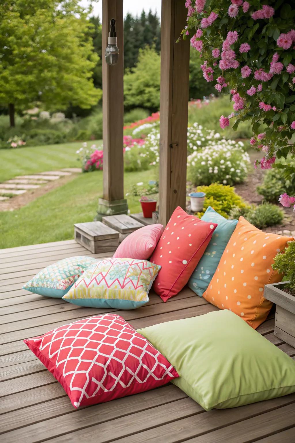 Energetic outdoor cushions enhancing the patio's ambiance.