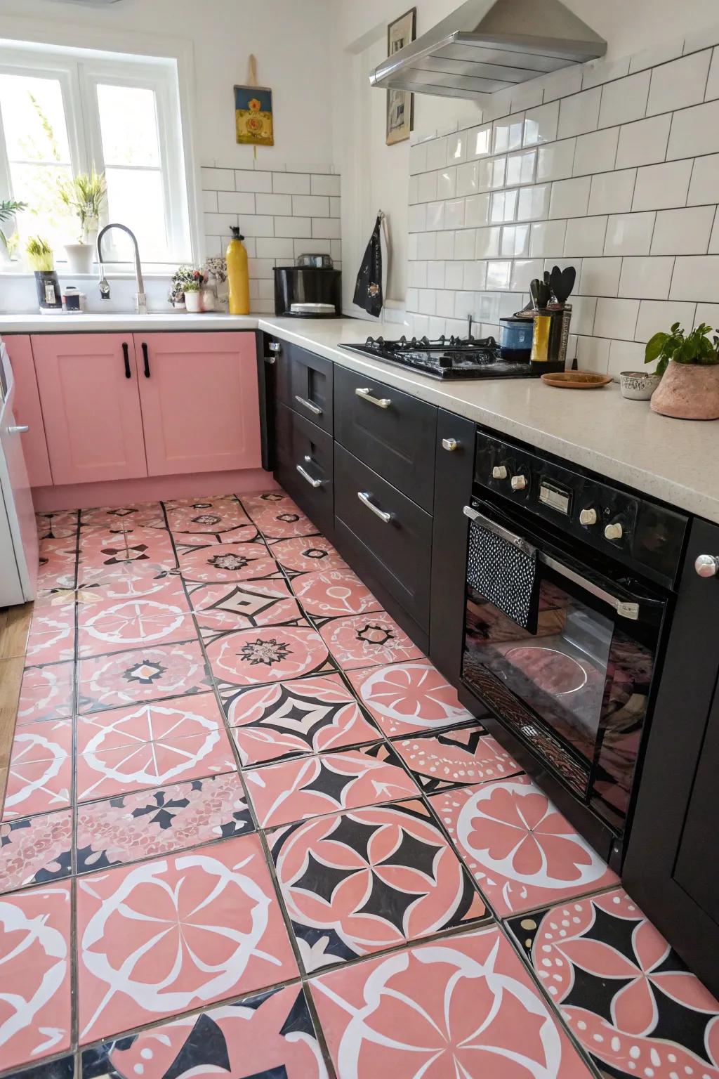 Unique tile patterns enhance the cooking area's visual intrigue.