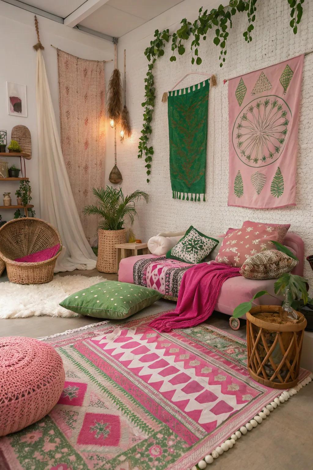 A free-spirited flair is created by layering textures in pink and green.