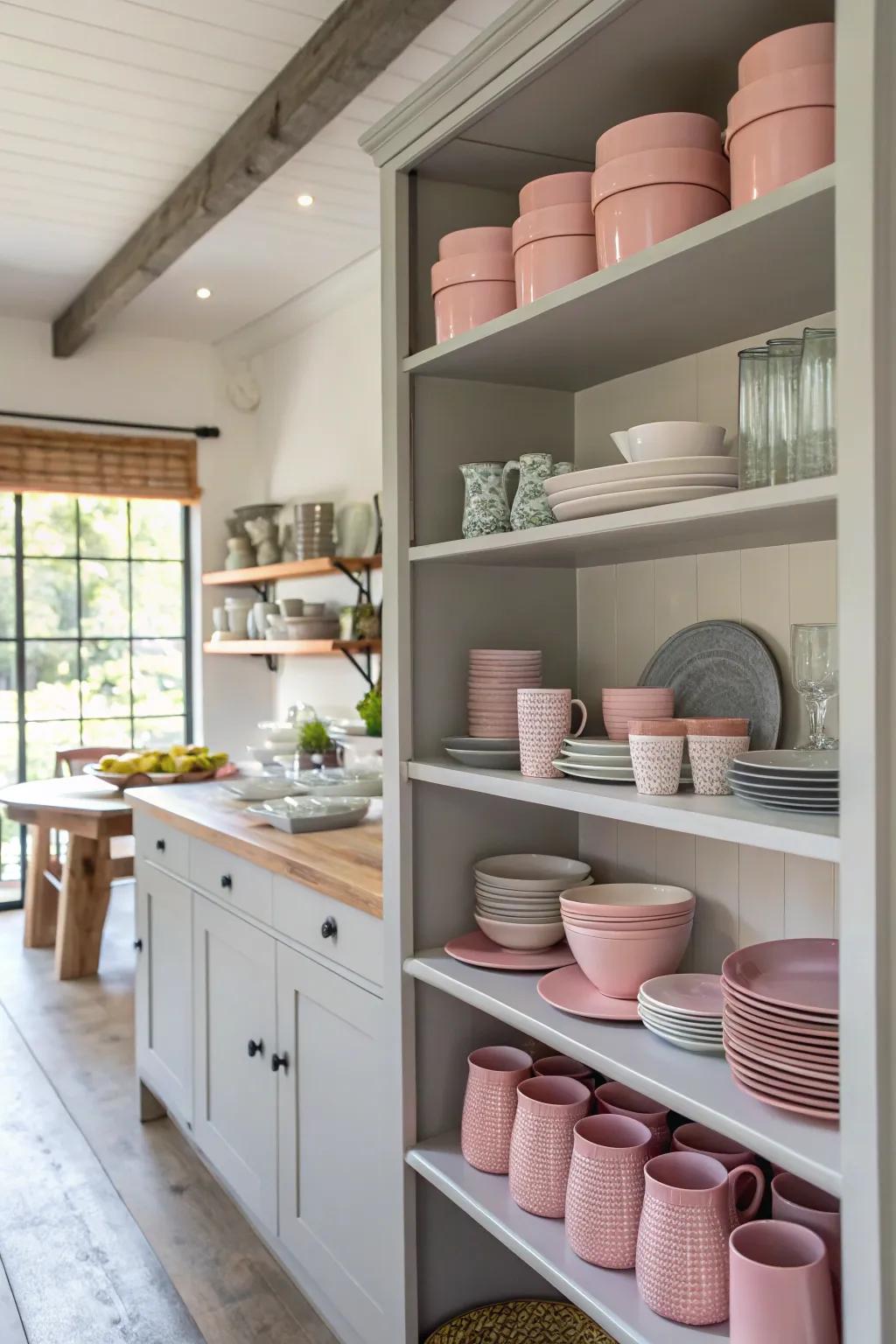 Exposed shelving in rose and silver tones designed for fashionable storage.