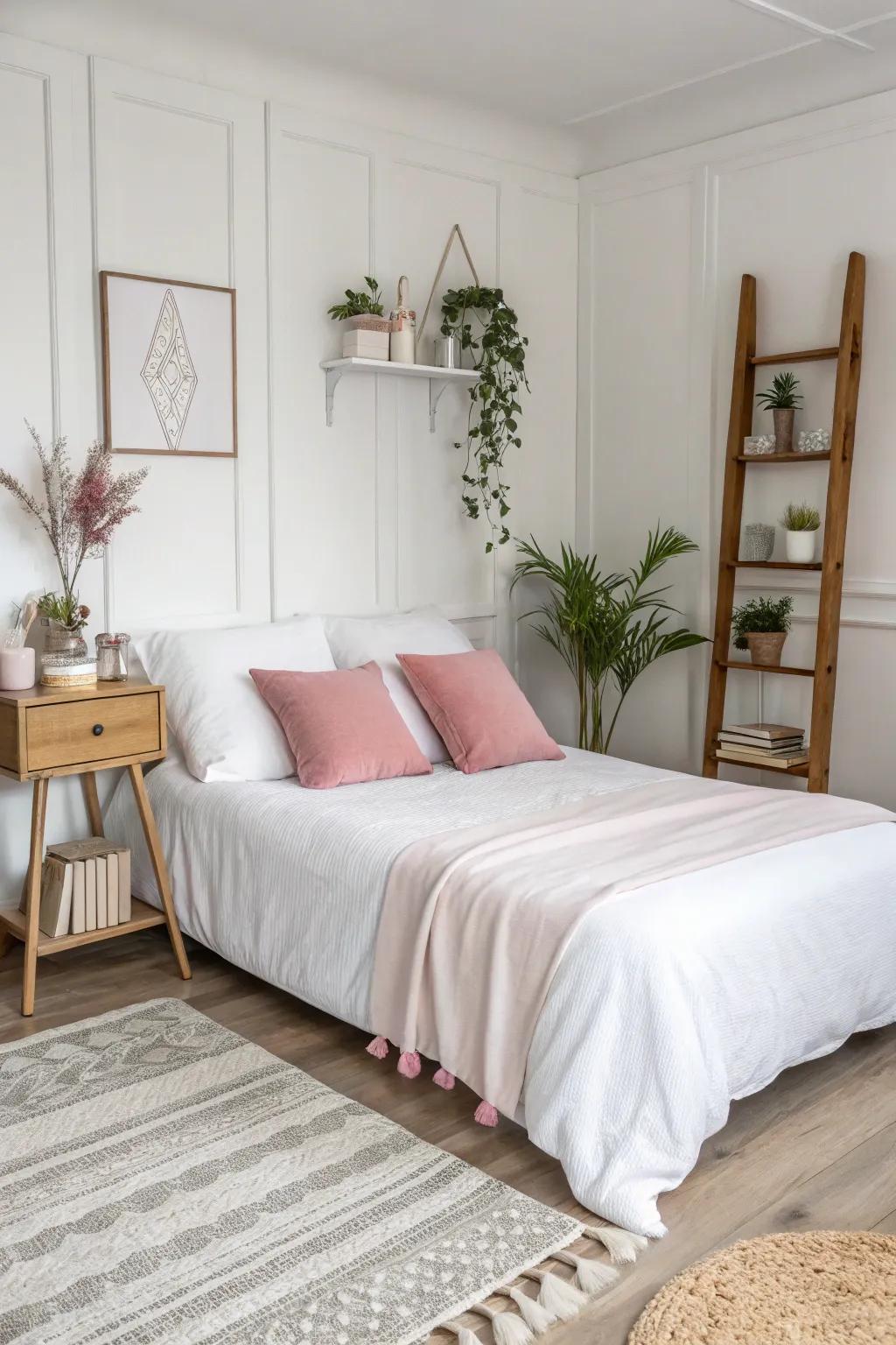White petal and rose touch create a minimalist yet inviting bedroom.