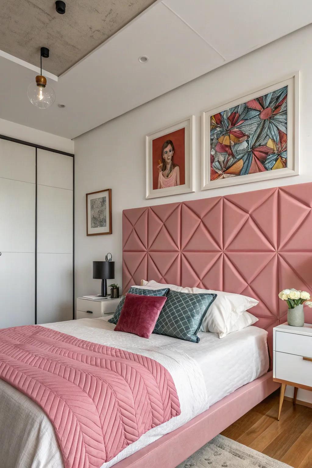 A modern and chic bedroom featuring a pink geometric headboard.