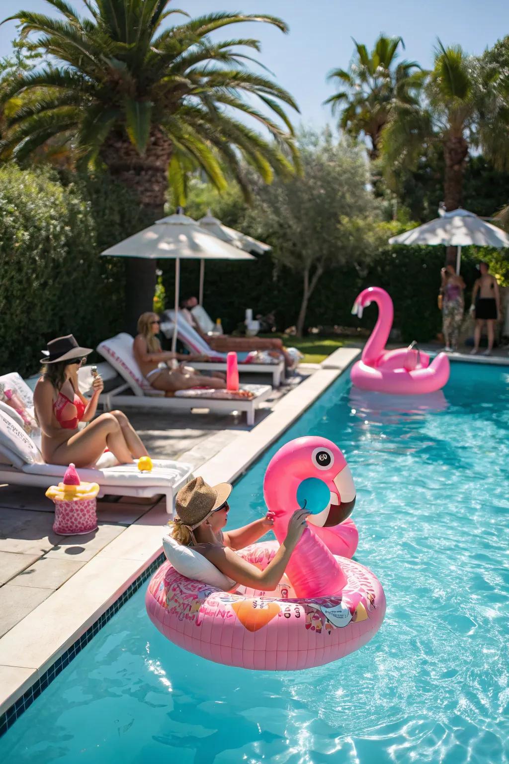 Flamingo floats contribute a playful roseate element to poolside celebrations.