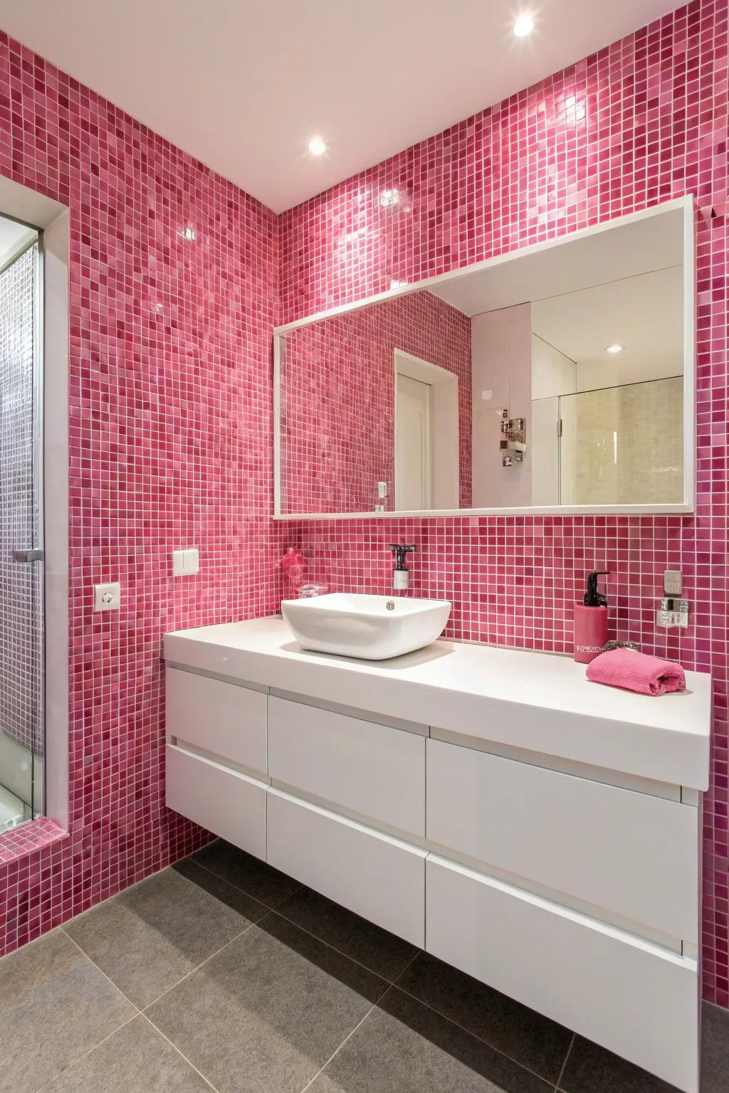 A remarkable feature wall made from rosy mosaic tiles.