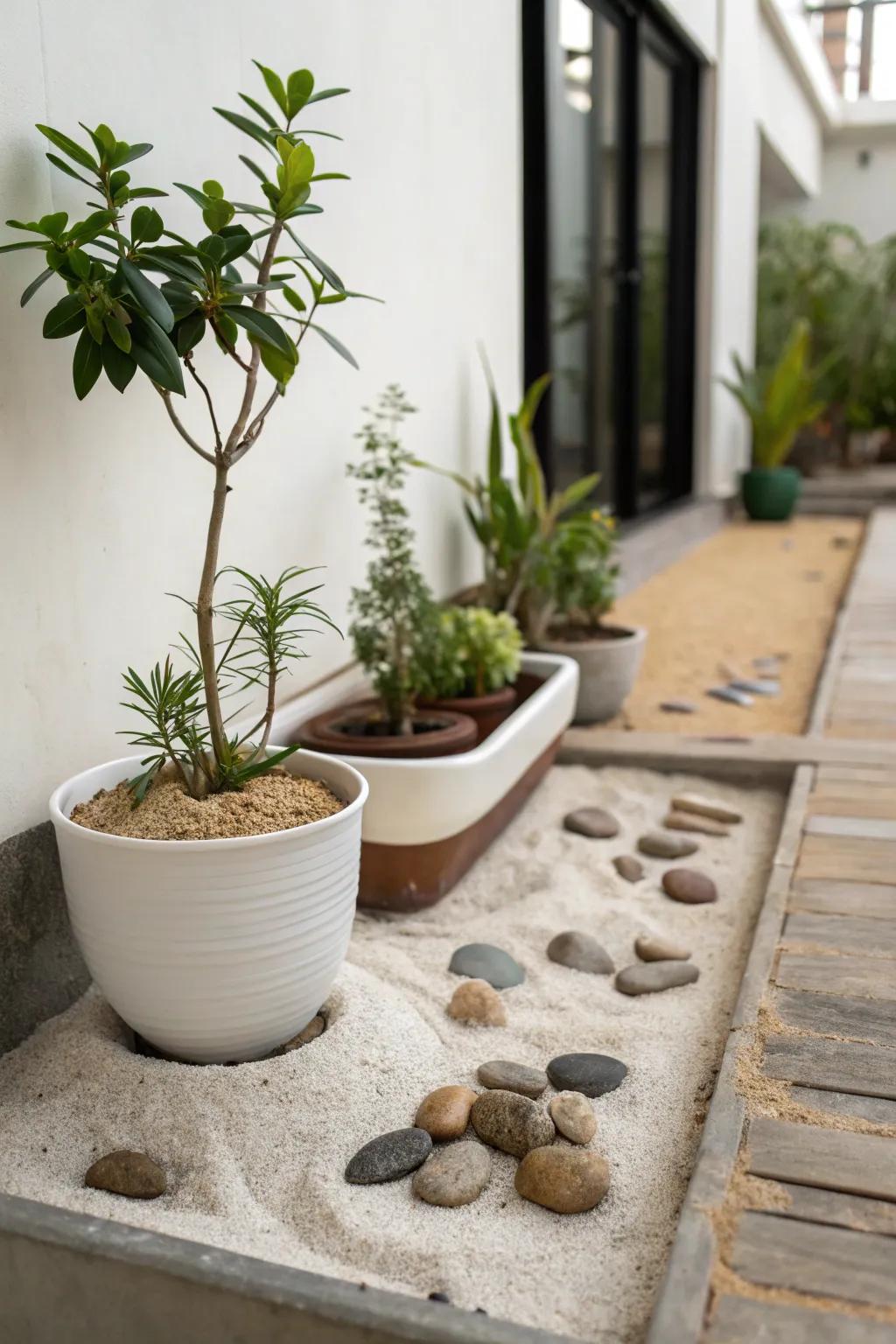 A meditative garden corner promotes peace and relaxation.
