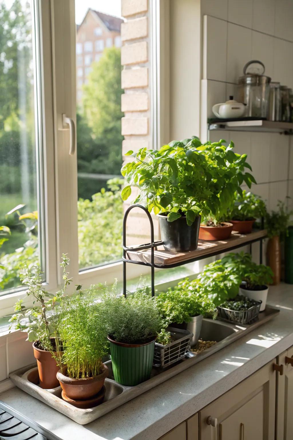 A window plant shelf maximizes sunlight for herbs and plants.