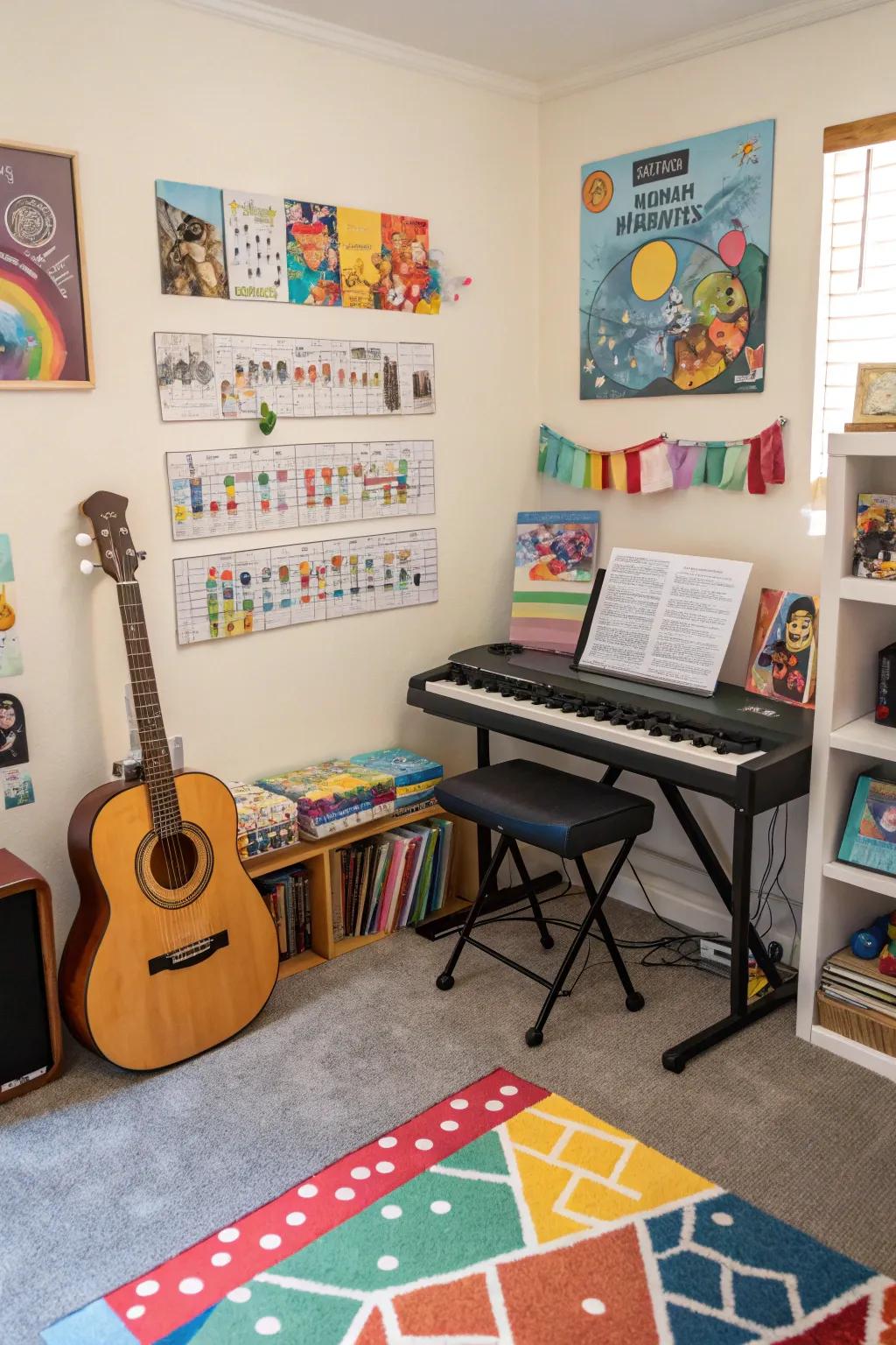 A music corner is perfect for bringing vibrant energy to the recreation space.