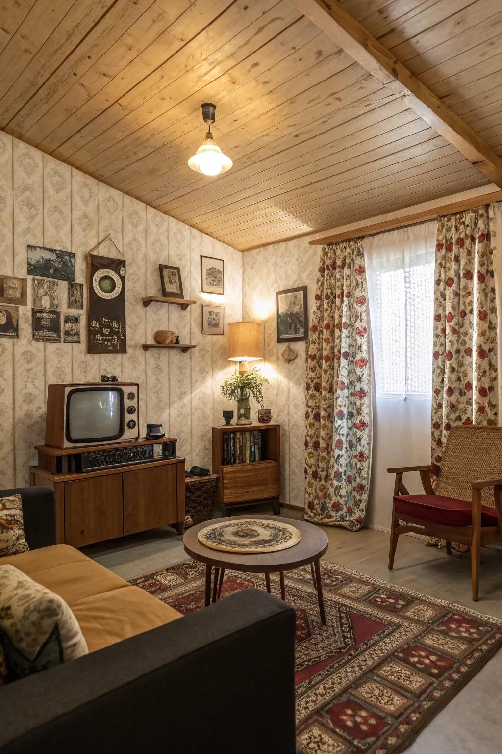 A retro-inspired plywood ceiling that adds a nostalgic touch to the room.
