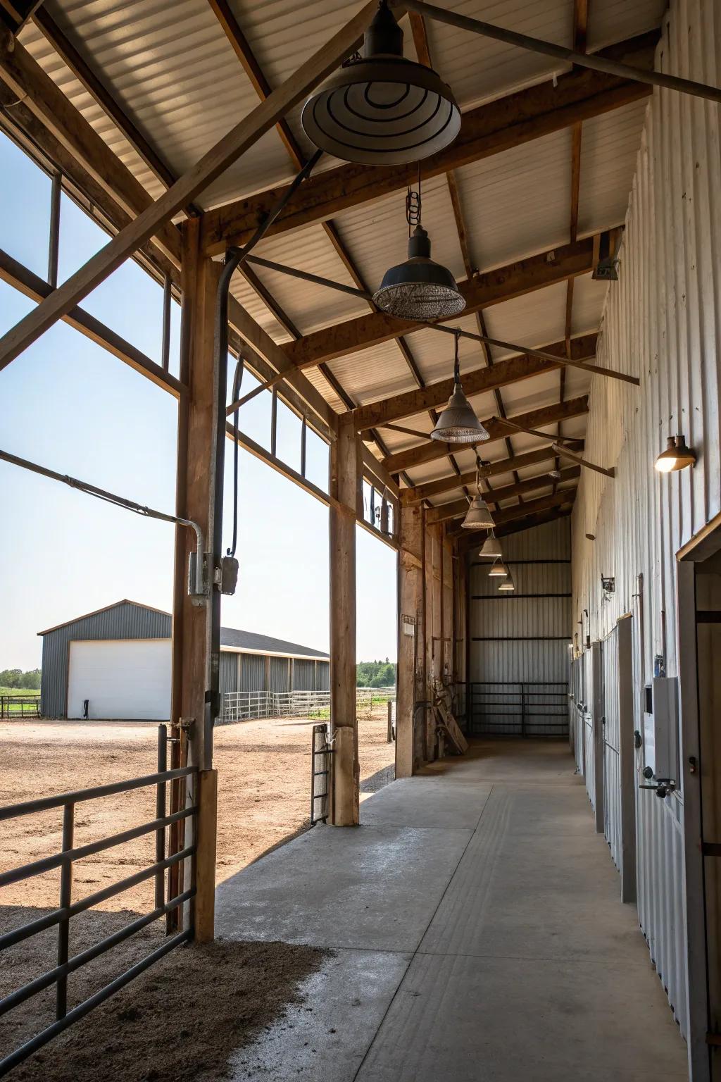 Production-inspired touches inside a pole barn featuring steel fixtures and open beams.